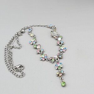 Silver Tone Flower Shiny AB Beaded Pendant Necklace Multicolor 16" Length